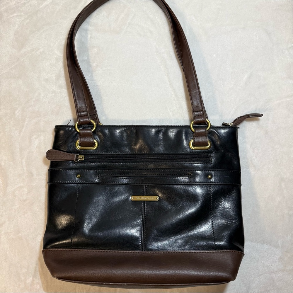 Stone & Co Leather Tote Shoulder‎ Bag Black Brown Zip Top